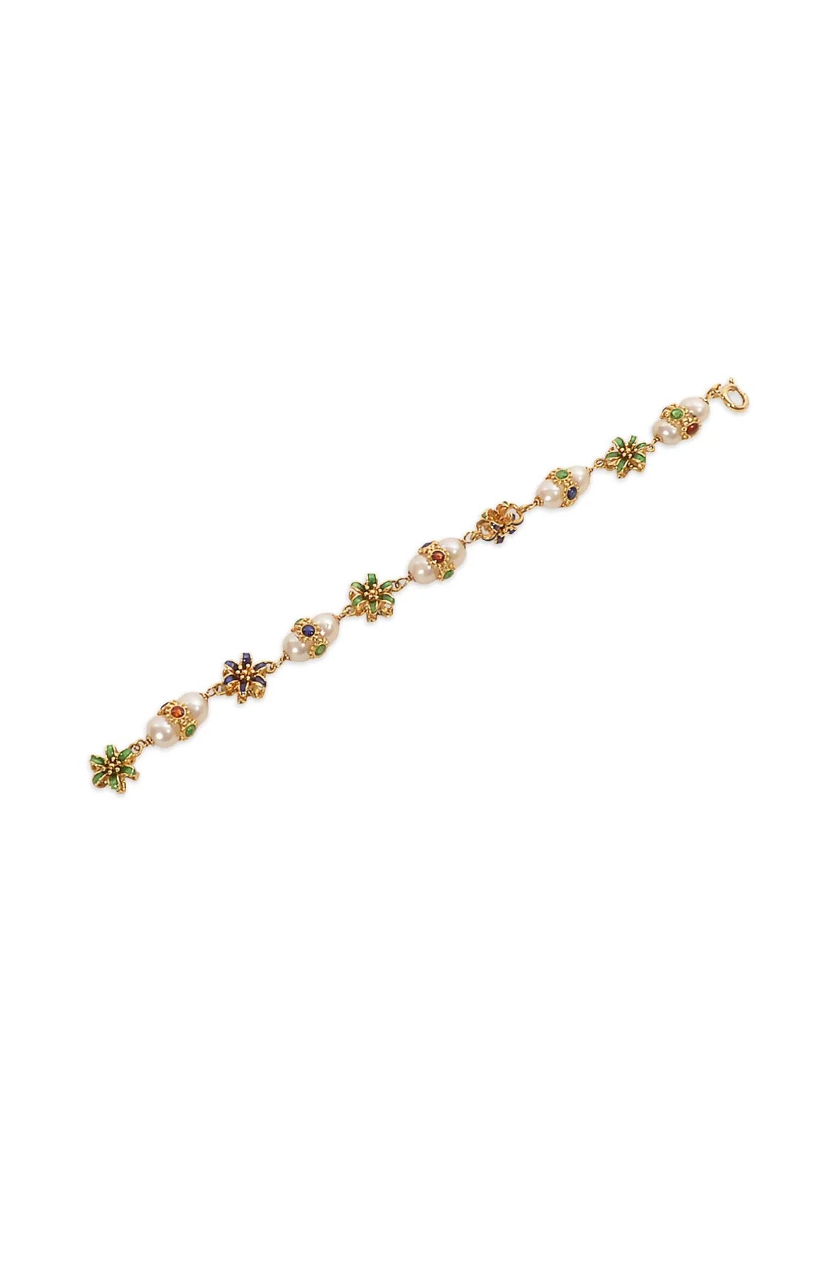 18k Gold Flower &amp; Pearl Enamel Bracelet