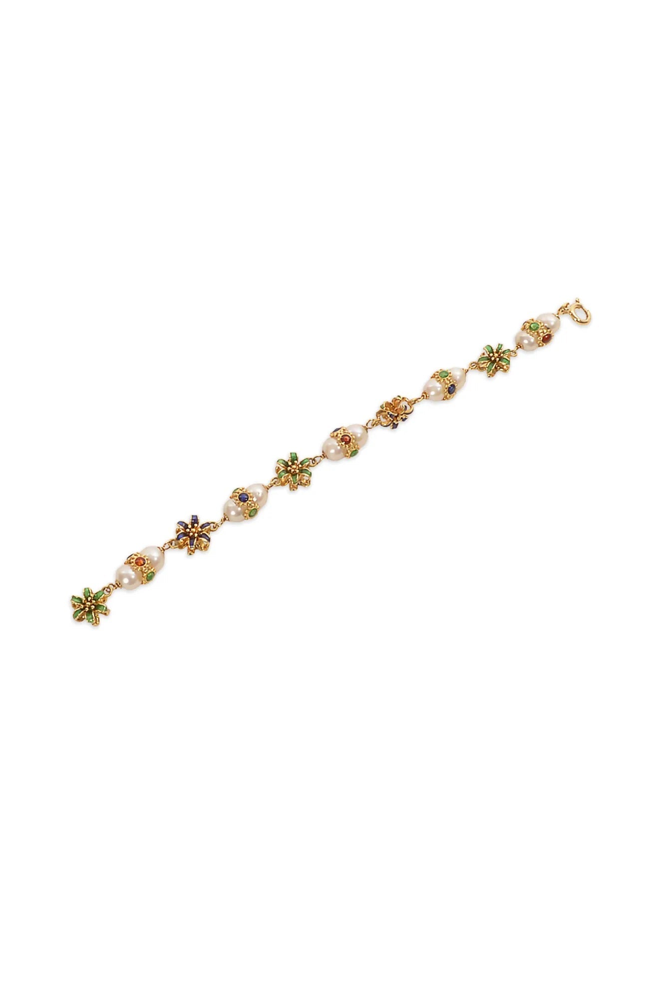 18k Gold Flower & Pearl Enamel Bracelet