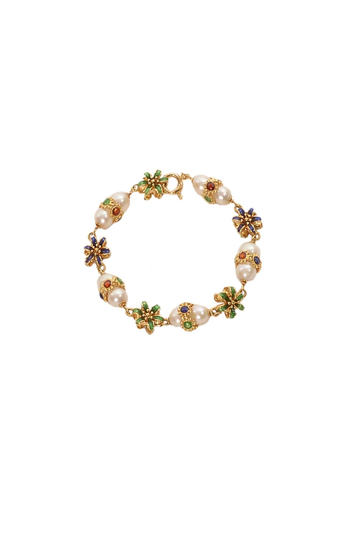 18k Gold Flower &amp; Pearl Enamel Bracelet