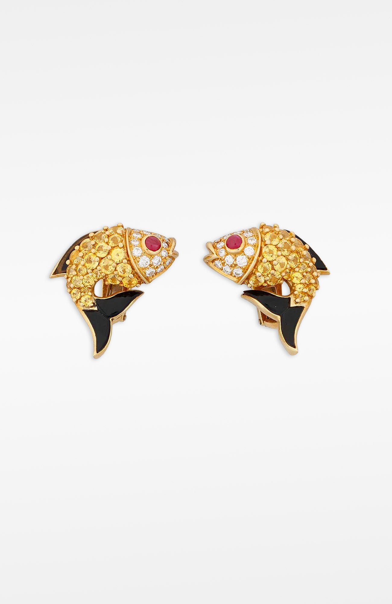 18k Gold Gem - Set & Diamond Fish Earclips - Gretchen Scott