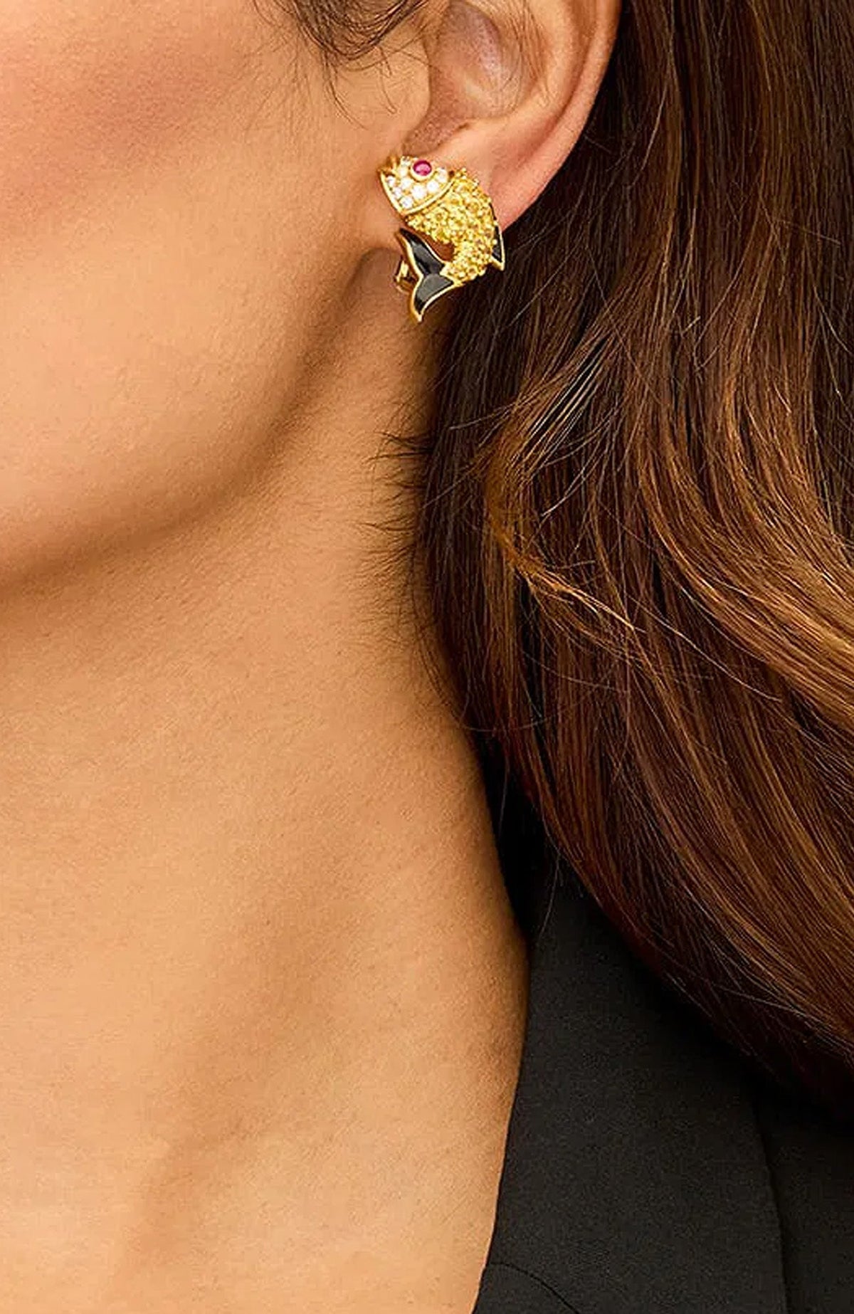 18k Gold Gem - Set & Diamond Fish Earclips - Gretchen Scott