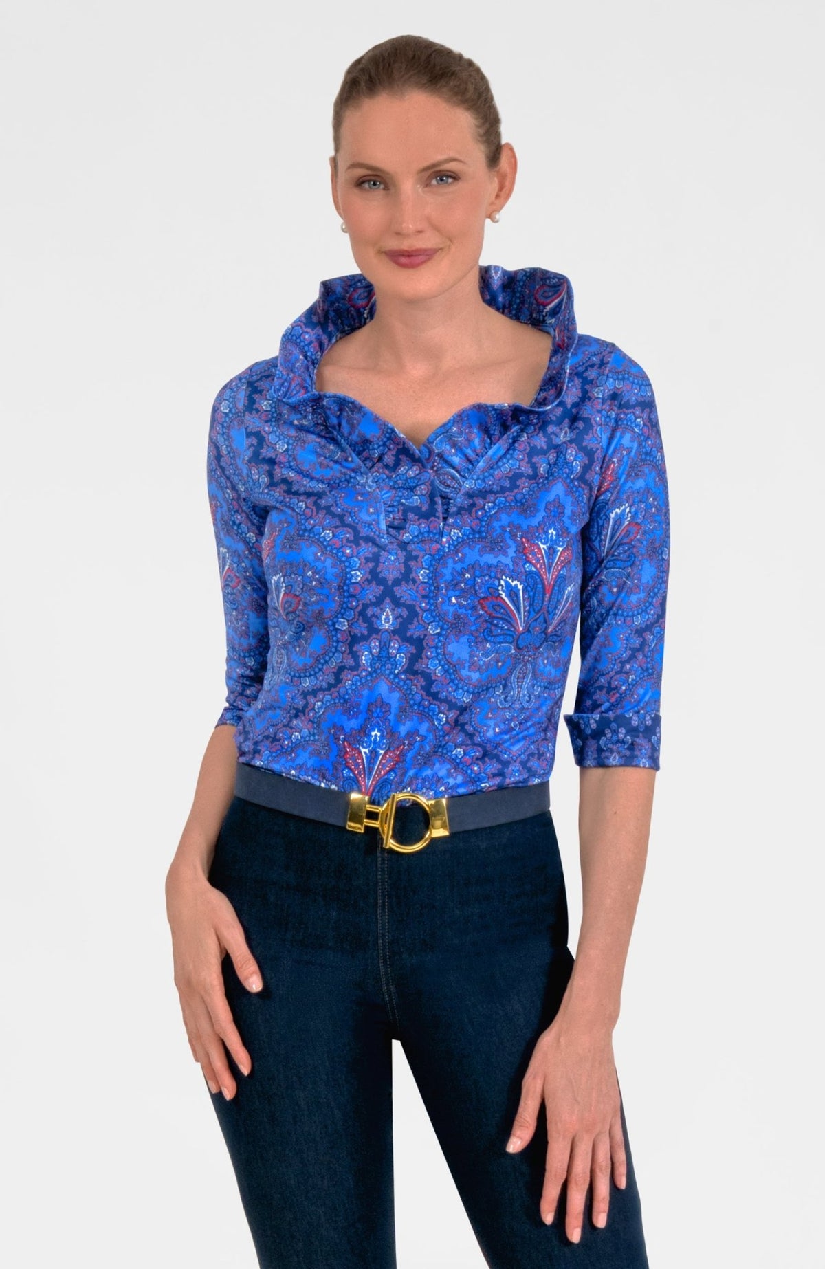 3/4 Sleeve Ruffneck Top - Passion Paisley Imari