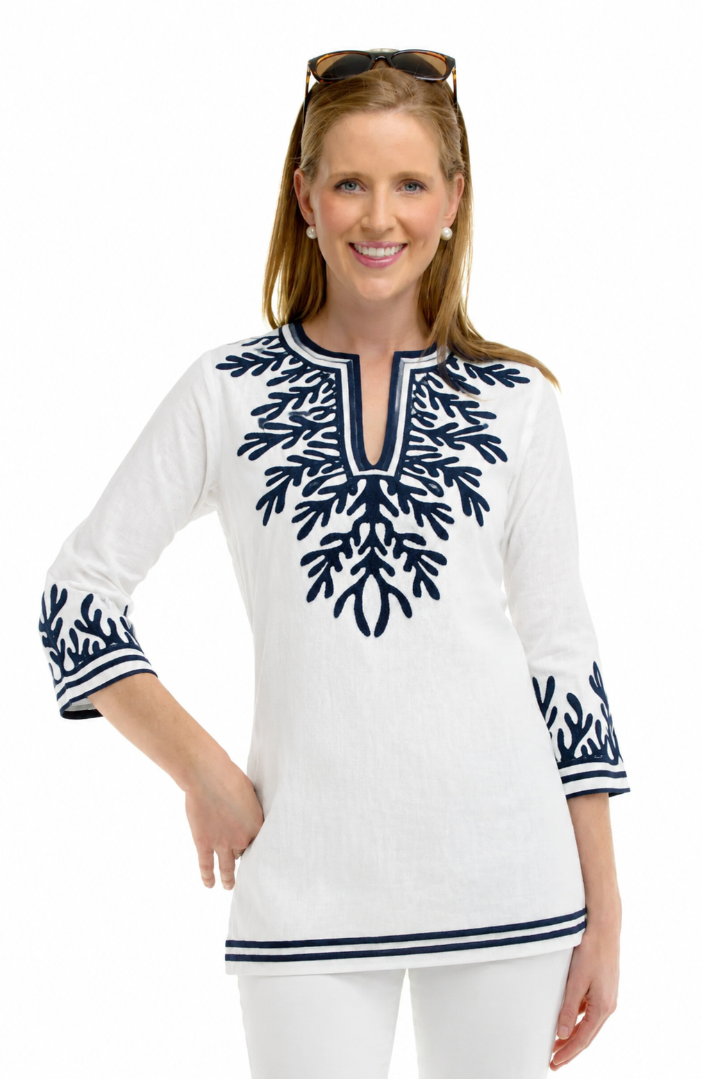 Cotton Embroidered Tunic - The Reef White Navy
