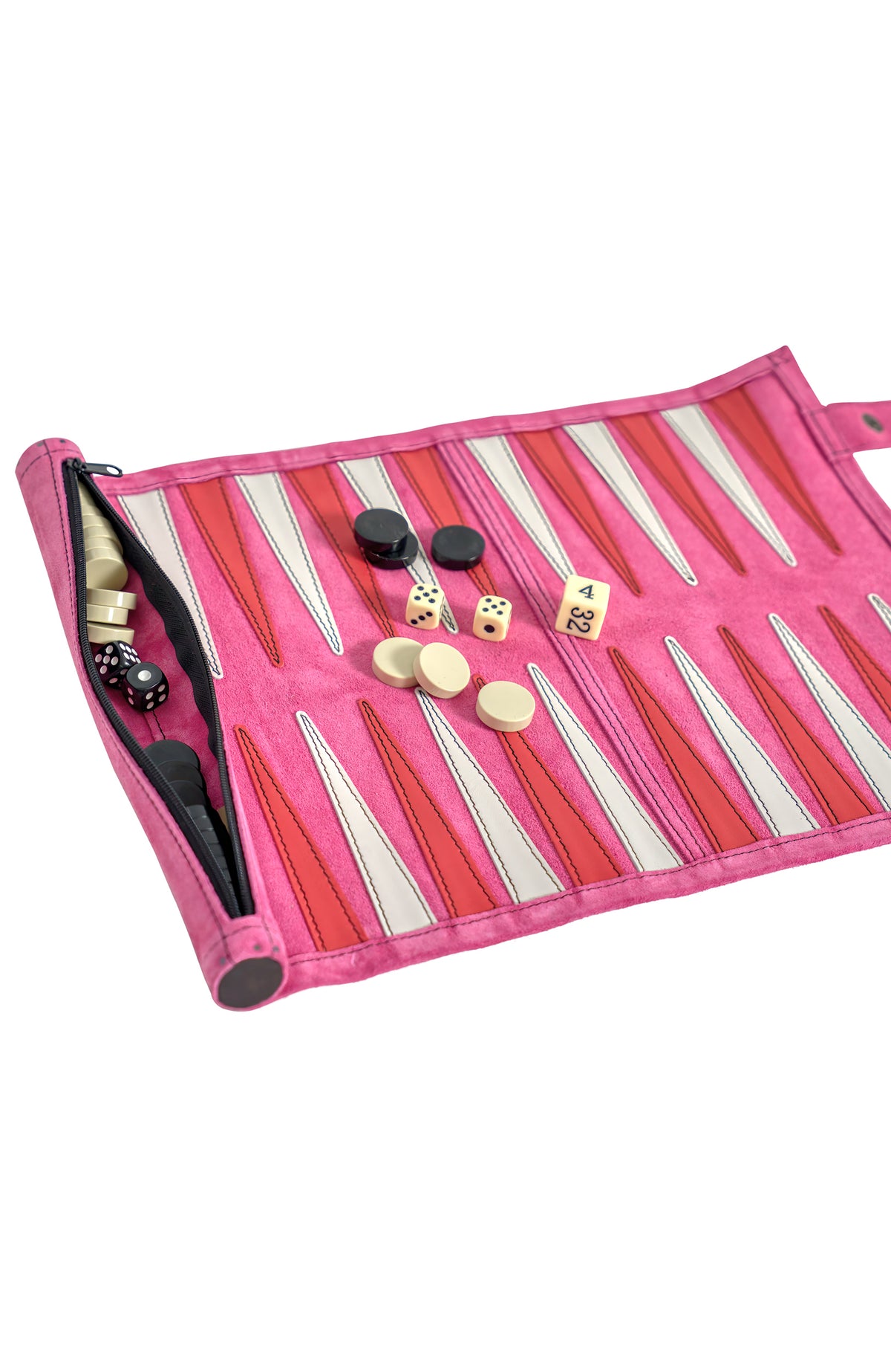 Leather Roll-Up Backgammon Set Fuschia