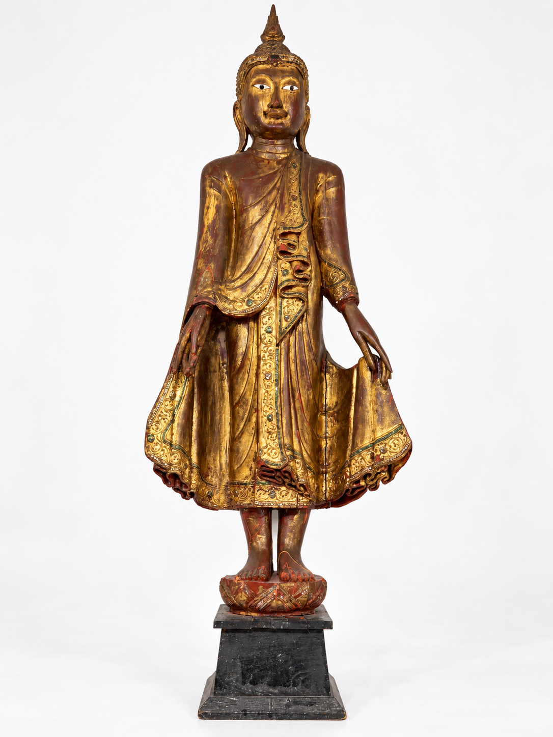 19th Century Gilt & Painted Carved Wood Standing Buddha – 45"