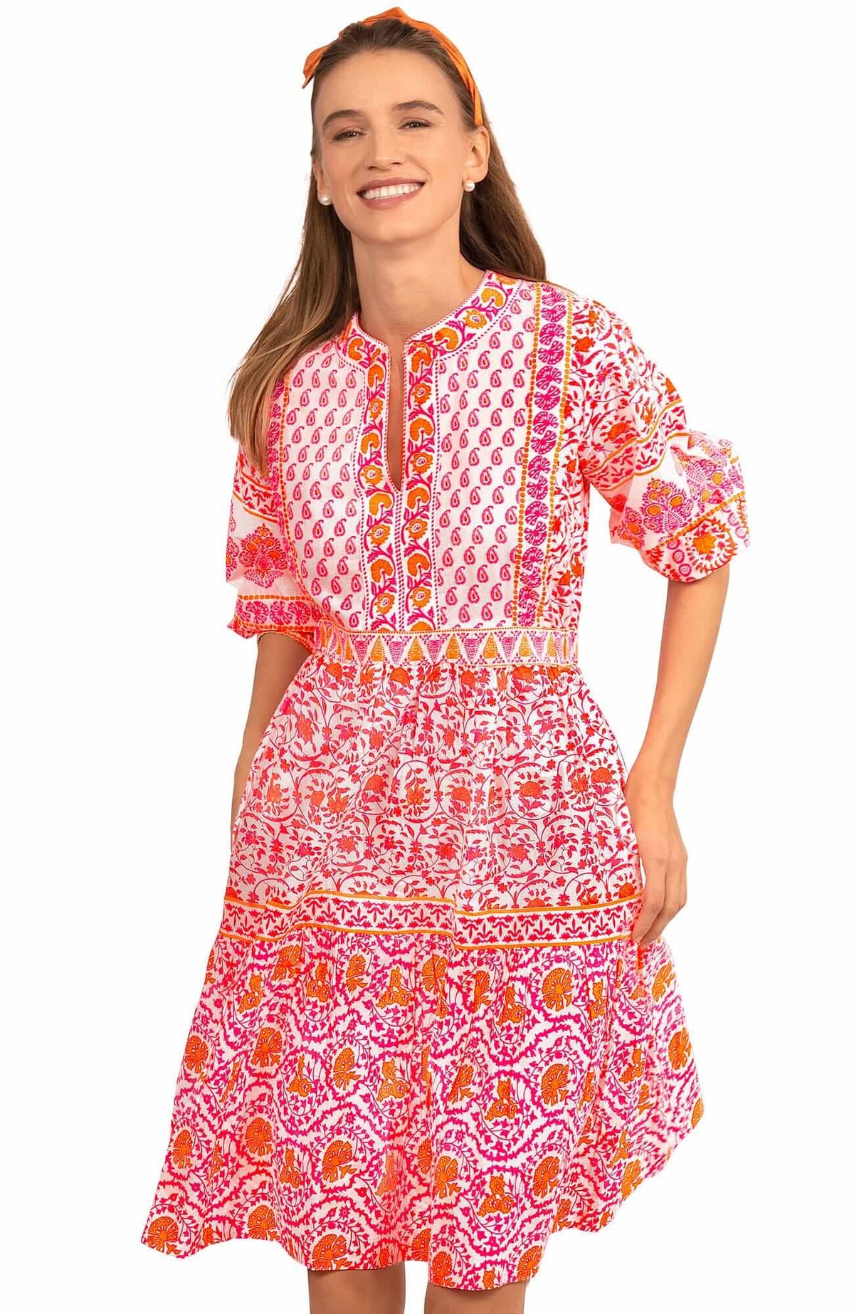 Cotton Border Dress East India - Final Sale Pink