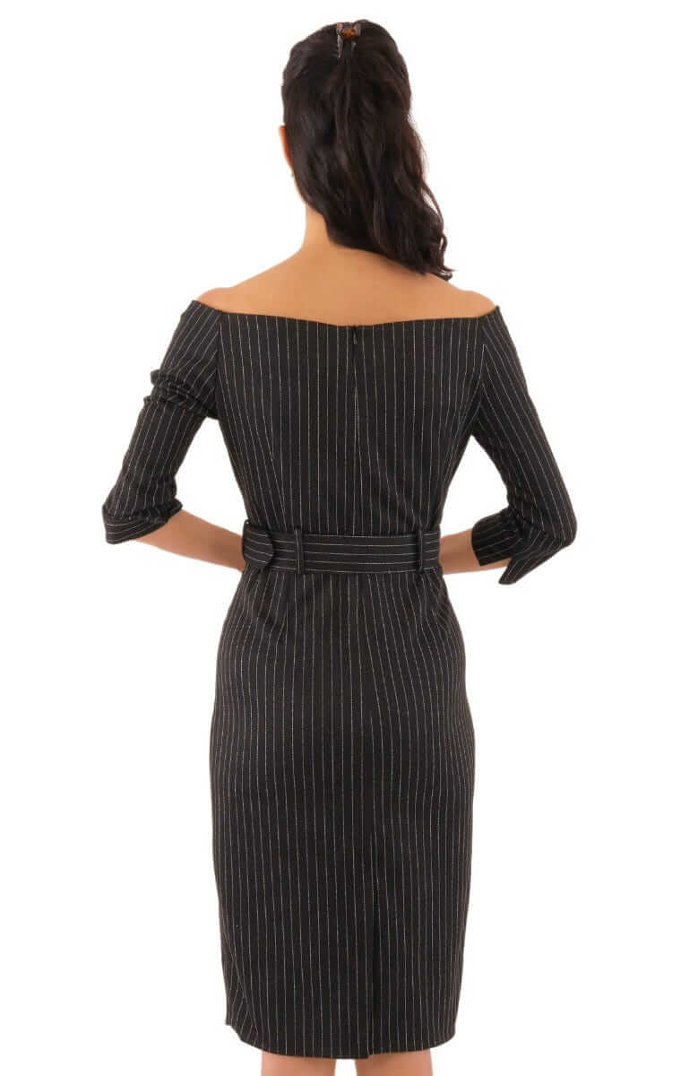 Bateau Neck Stretch Dress - Pinstripe - Final Sale Black