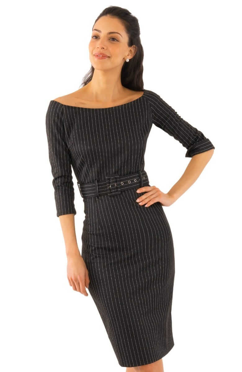 Bateau Neck Stretch Dress - Pinstripe - Final Sale Black