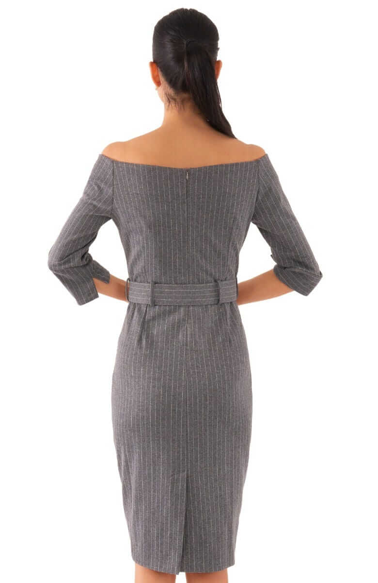 Bateau Neck Stretch Dress - Pinstripe - Final Sale Grey