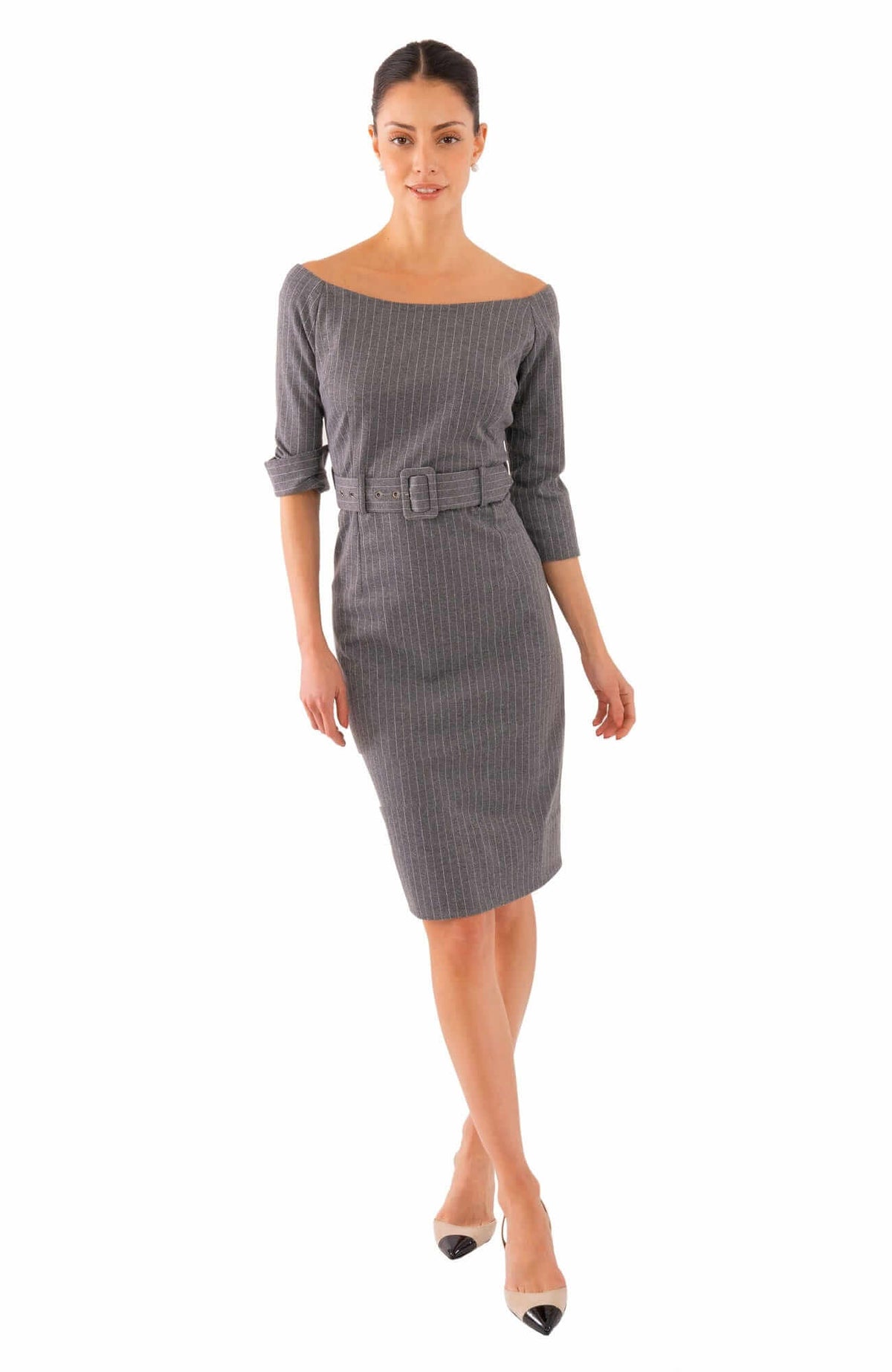 Bateau Neck Stretch Dress - Pinstripe - Final Sale Grey