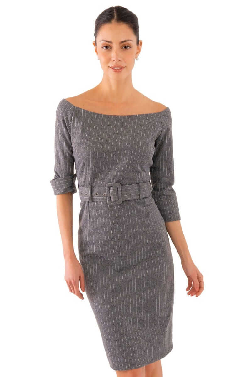 Bateau Neck Stretch Dress - Pinstripe - Final Sale Grey