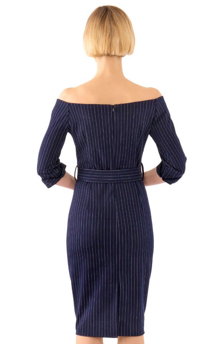 Bateau Neck Stretch Dress - Pinstripe - Final Sale Navy