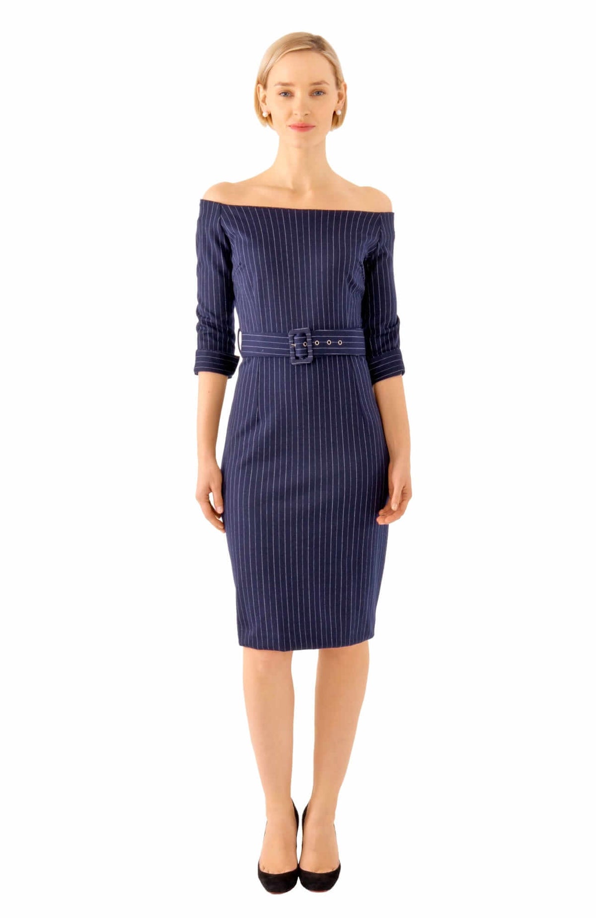 Bateau Neck Stretch Dress - Pinstripe - Final Sale Navy