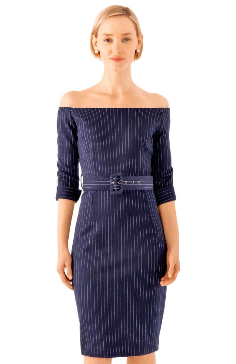 Bateau Neck Stretch Dress - Pinstripe - Final Sale Navy