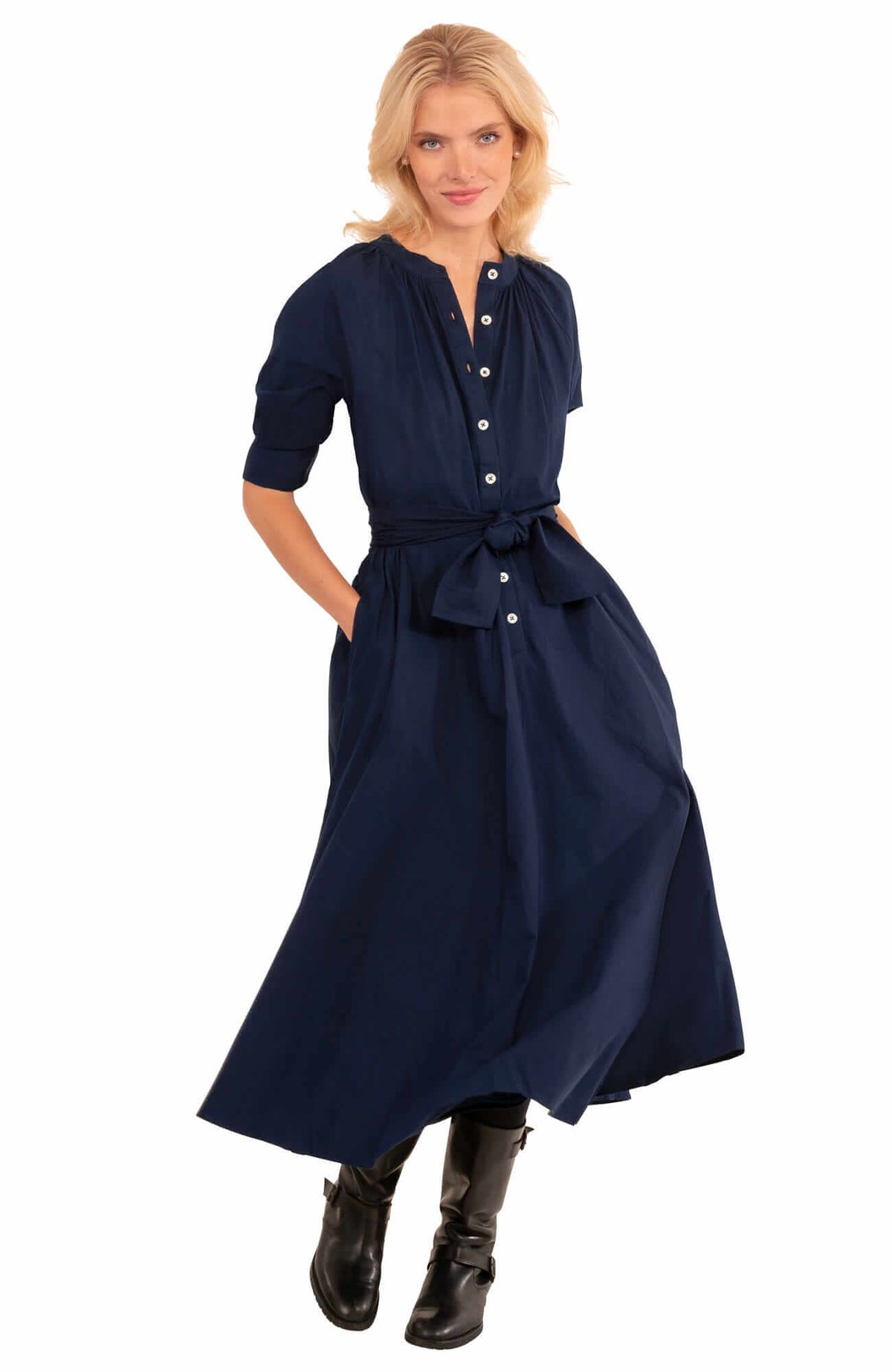 Cotton Poplin Martha Midi Dress Navy