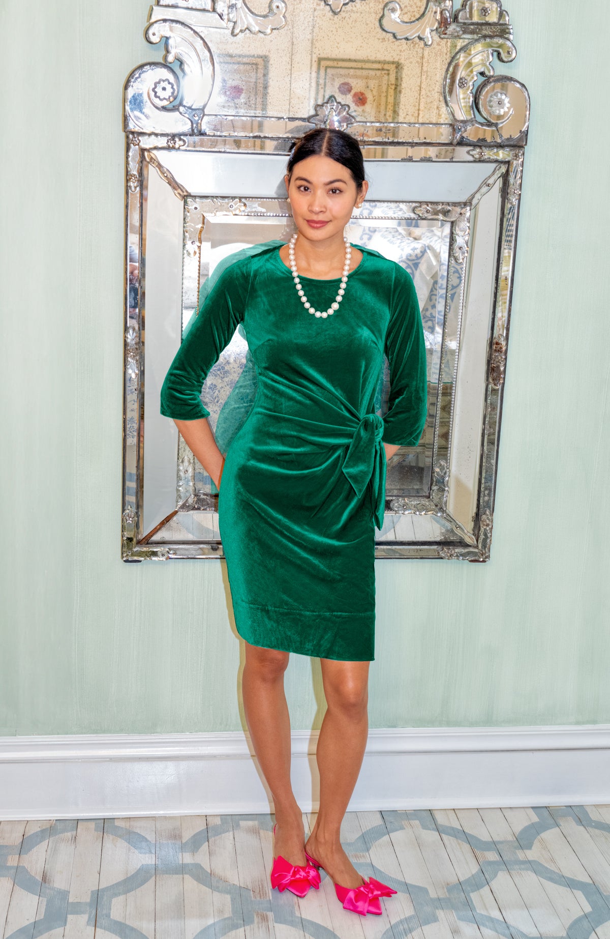 Cinch &amp; Tie Dress - Silky Velvet EMERALD