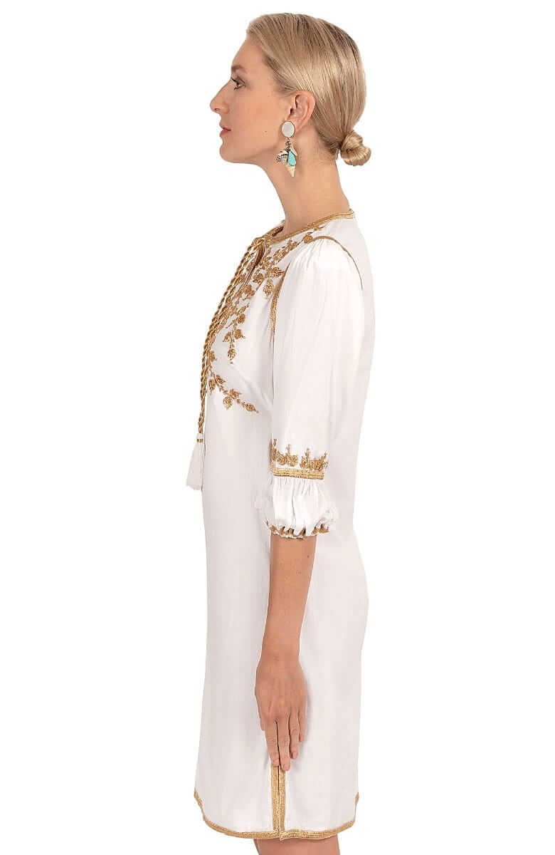 Hand Embroidered Cotton Cleopatra Dress - La Di Da - Final Sale White Gold