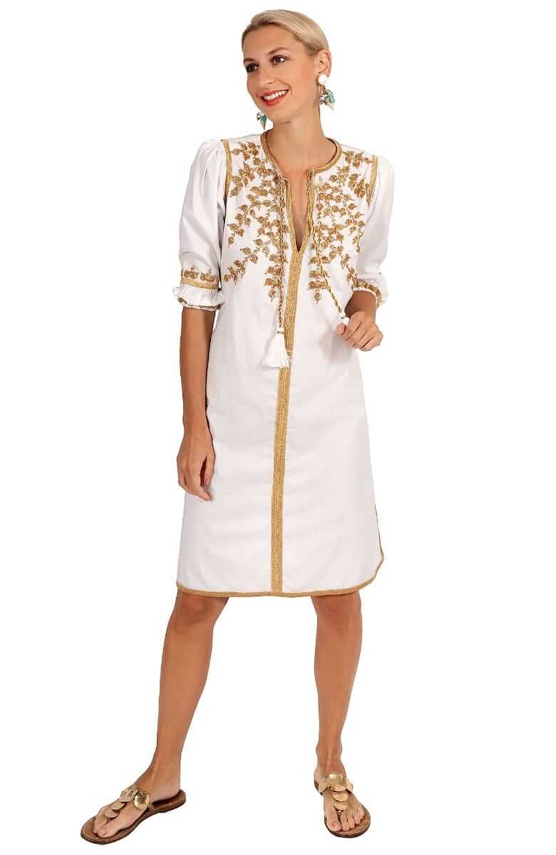 Hand Embroidered Cotton Cleopatra Dress - La Di Da - Final Sale White Gold