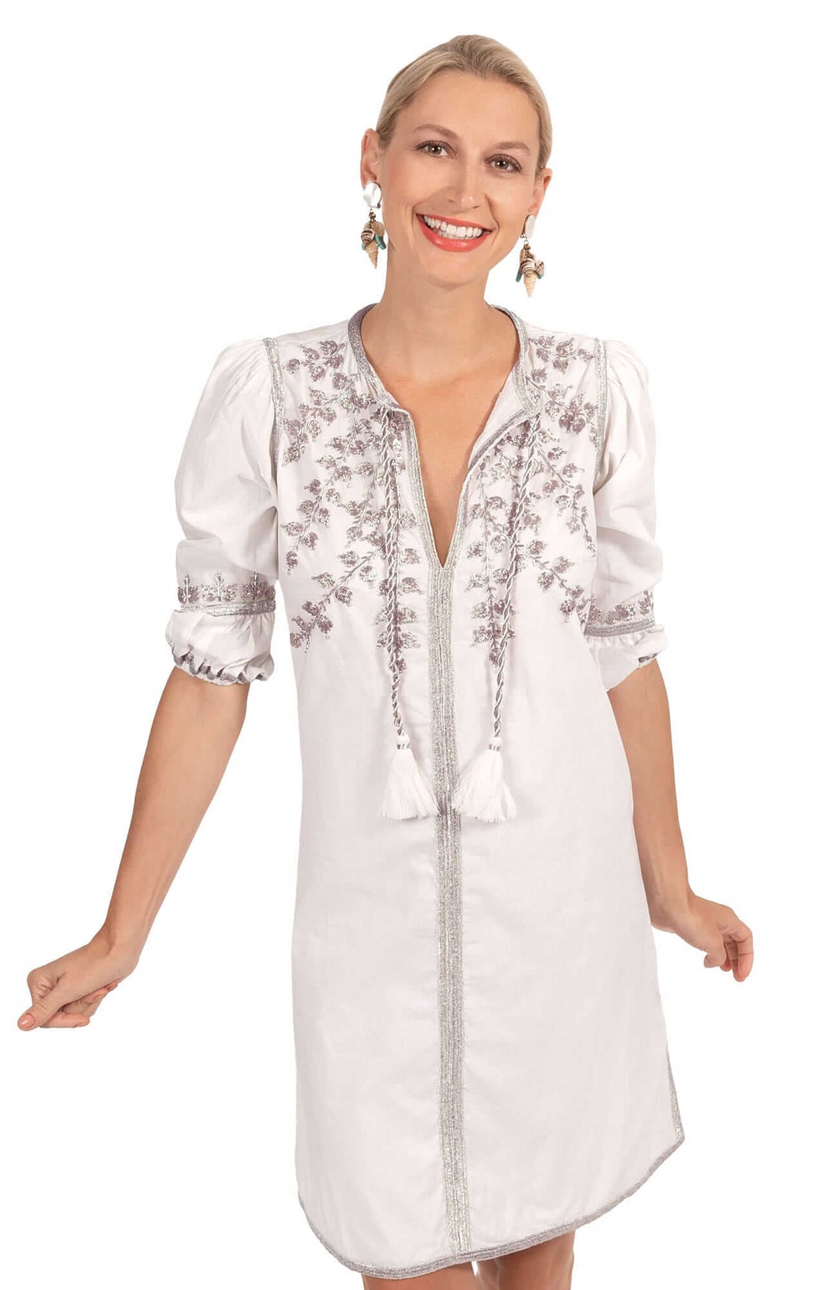 Hand Embroidered Cotton Cleopatra Dress - La Di Da - Final Sale White Silver