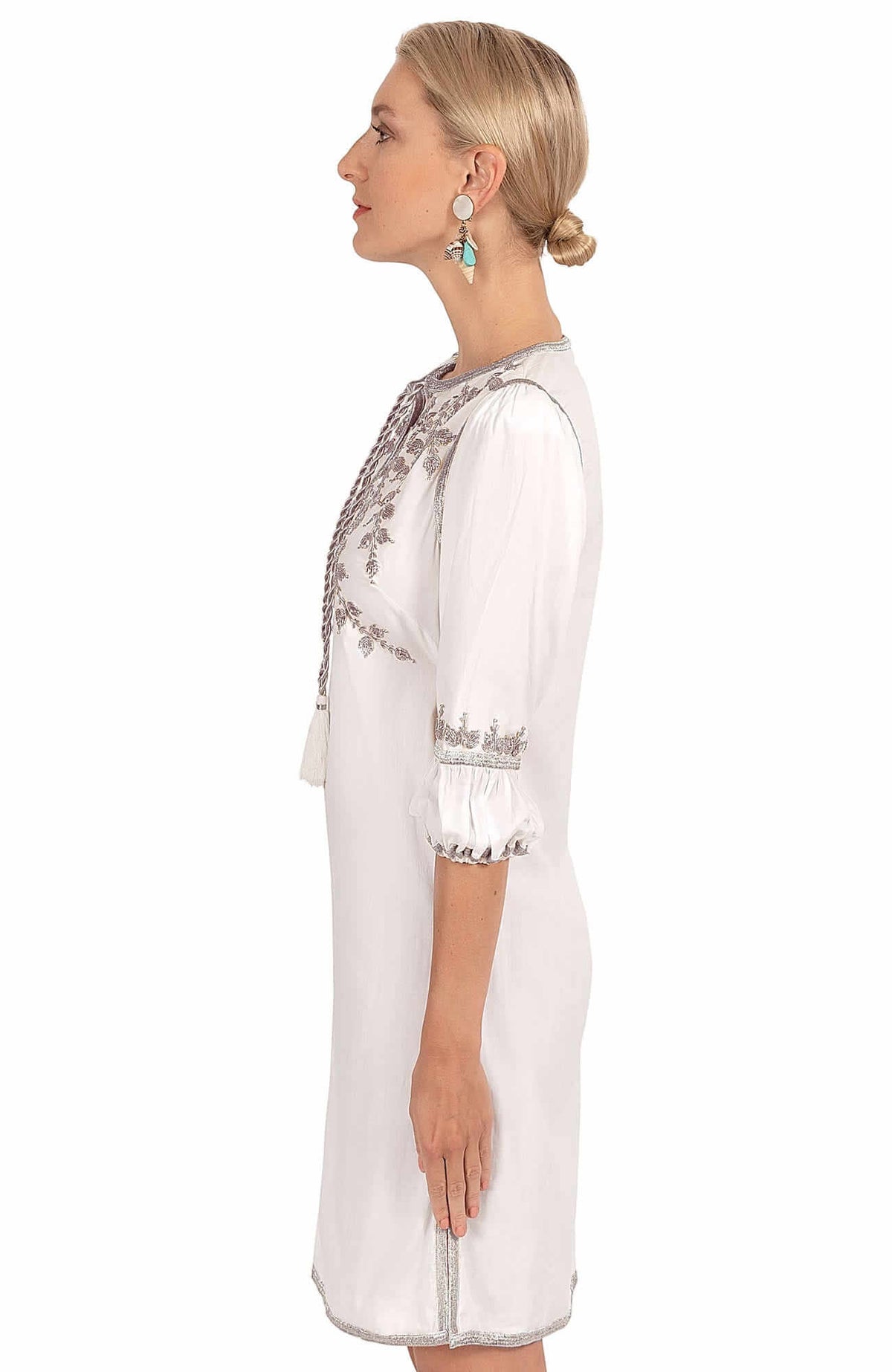 Hand Embroidered Cotton Cleopatra Dress - La Di Da - Final Sale White Silver