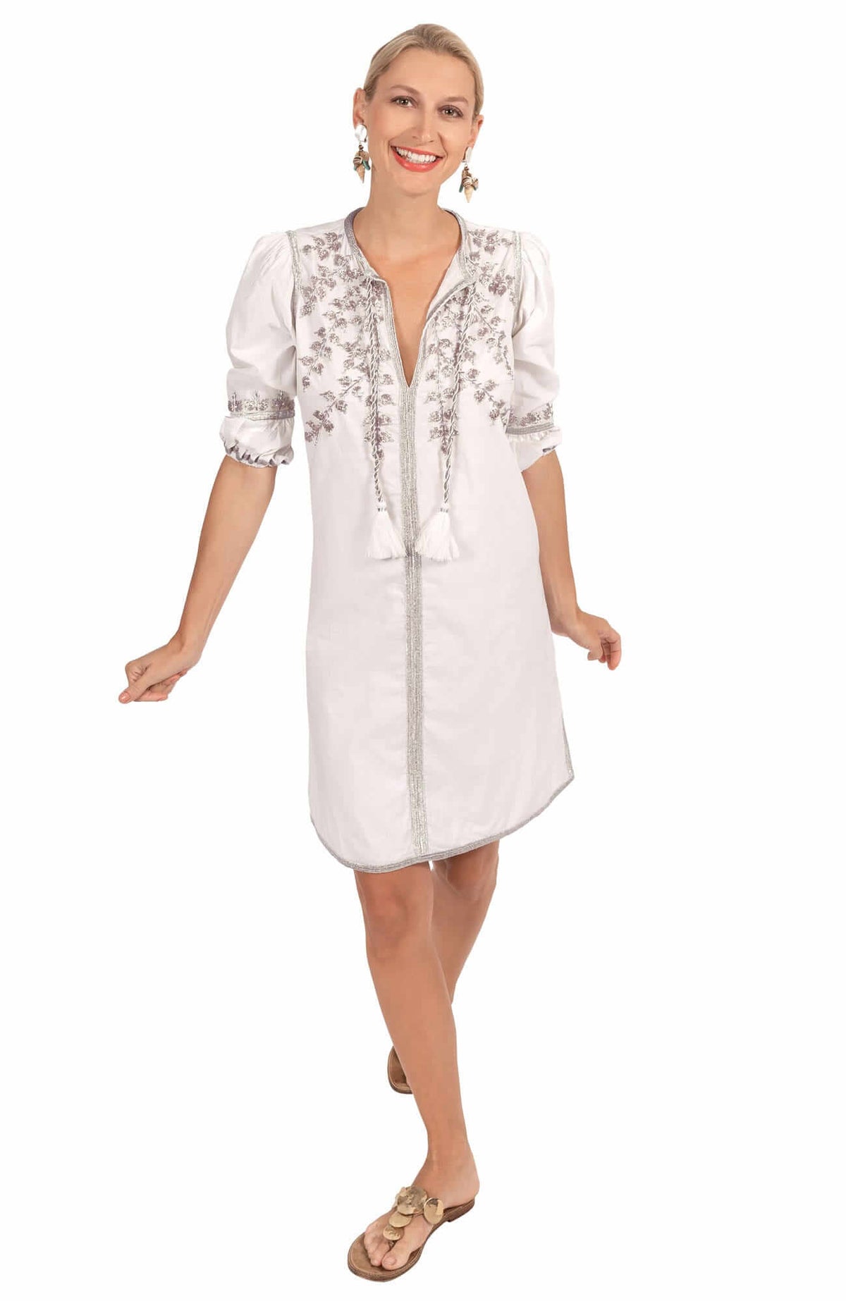 Hand Embroidered Cotton Cleopatra Dress - La Di Da - Final Sale White Silver