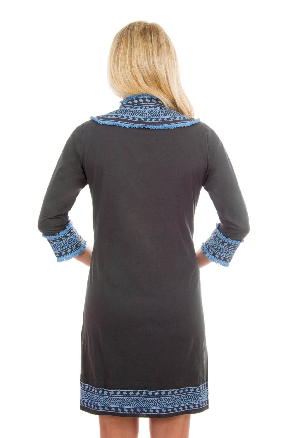 Cotton Embroidered Dress - Fringe Binge Charcoal Blue