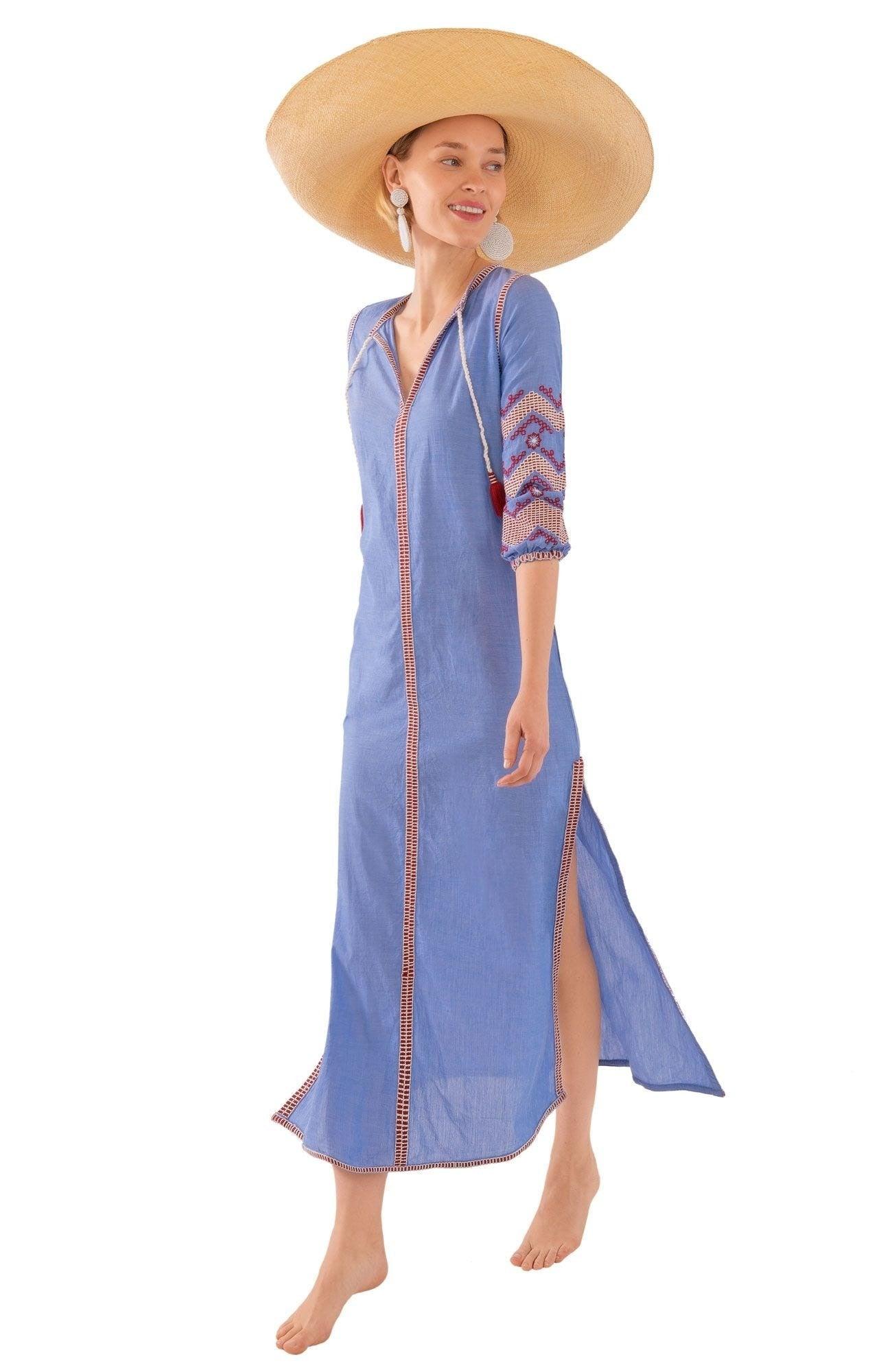 Cotton Embroidered Midi Dress Hippie - Final Sale Chambray Orange