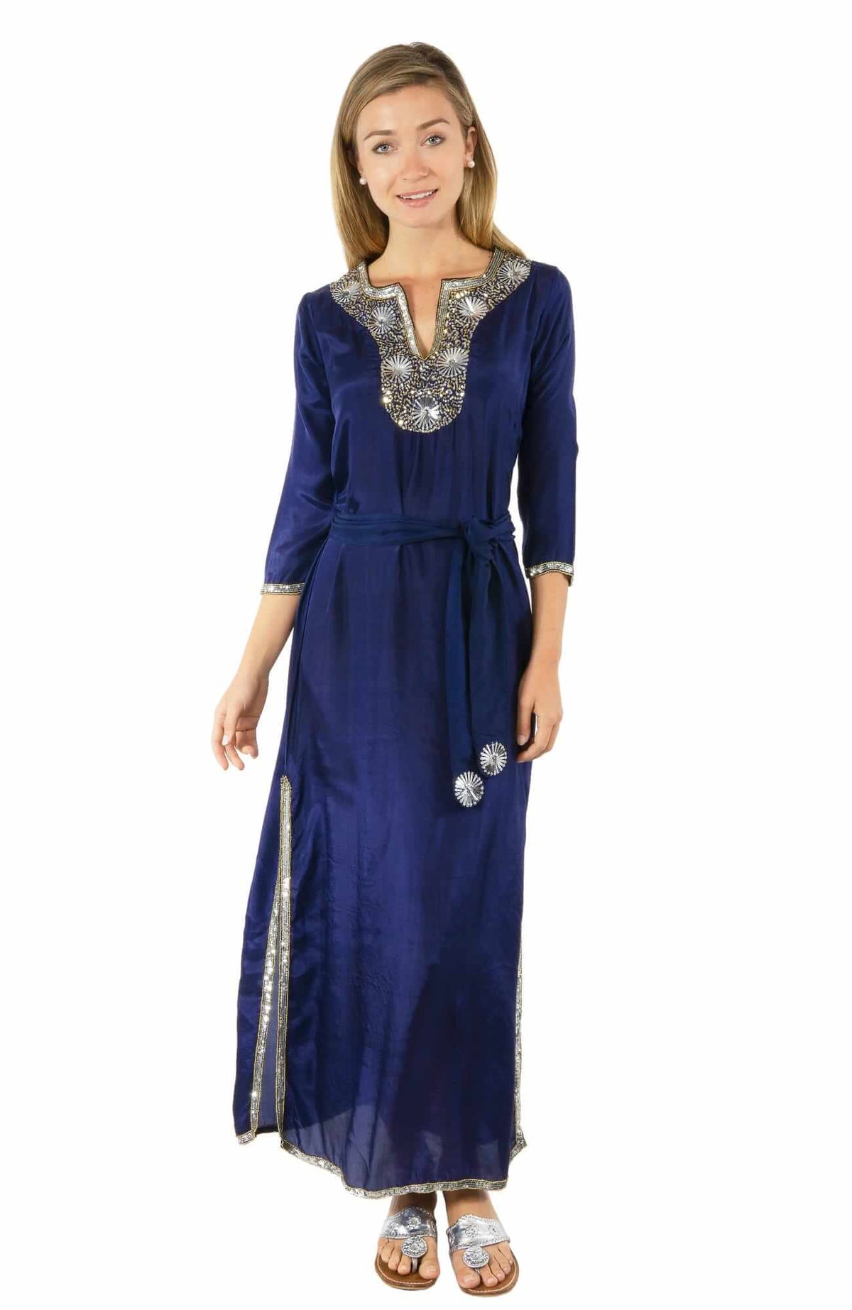 Silk Beaded Dress With Sash - Starry Night - Final Sale Navy Silver