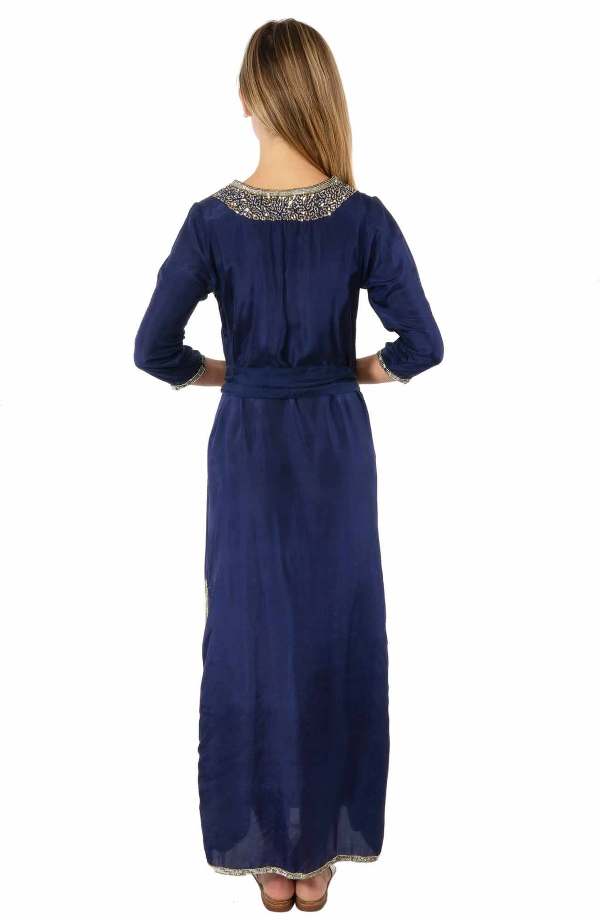 Silk Beaded Dress With Sash - Starry Night - Final Sale Navy Silver