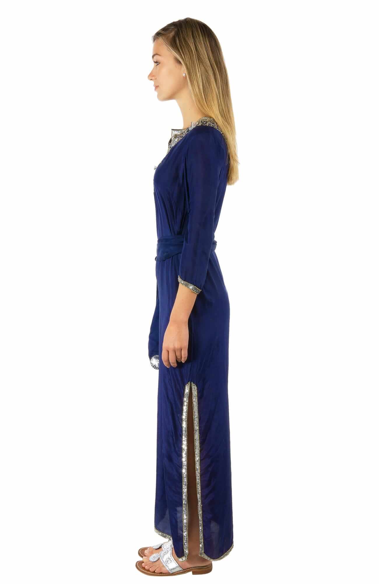 Silk Beaded Dress With Sash - Starry Night Navy Silver