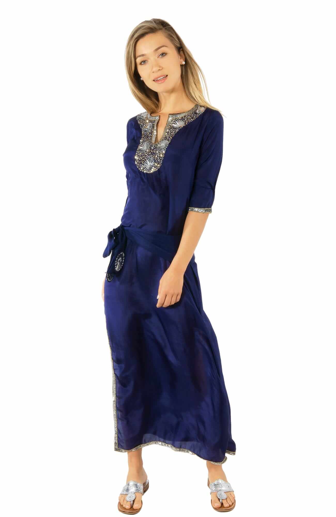 Silk Beaded Dress With Sash - Starry Night Navy Silver