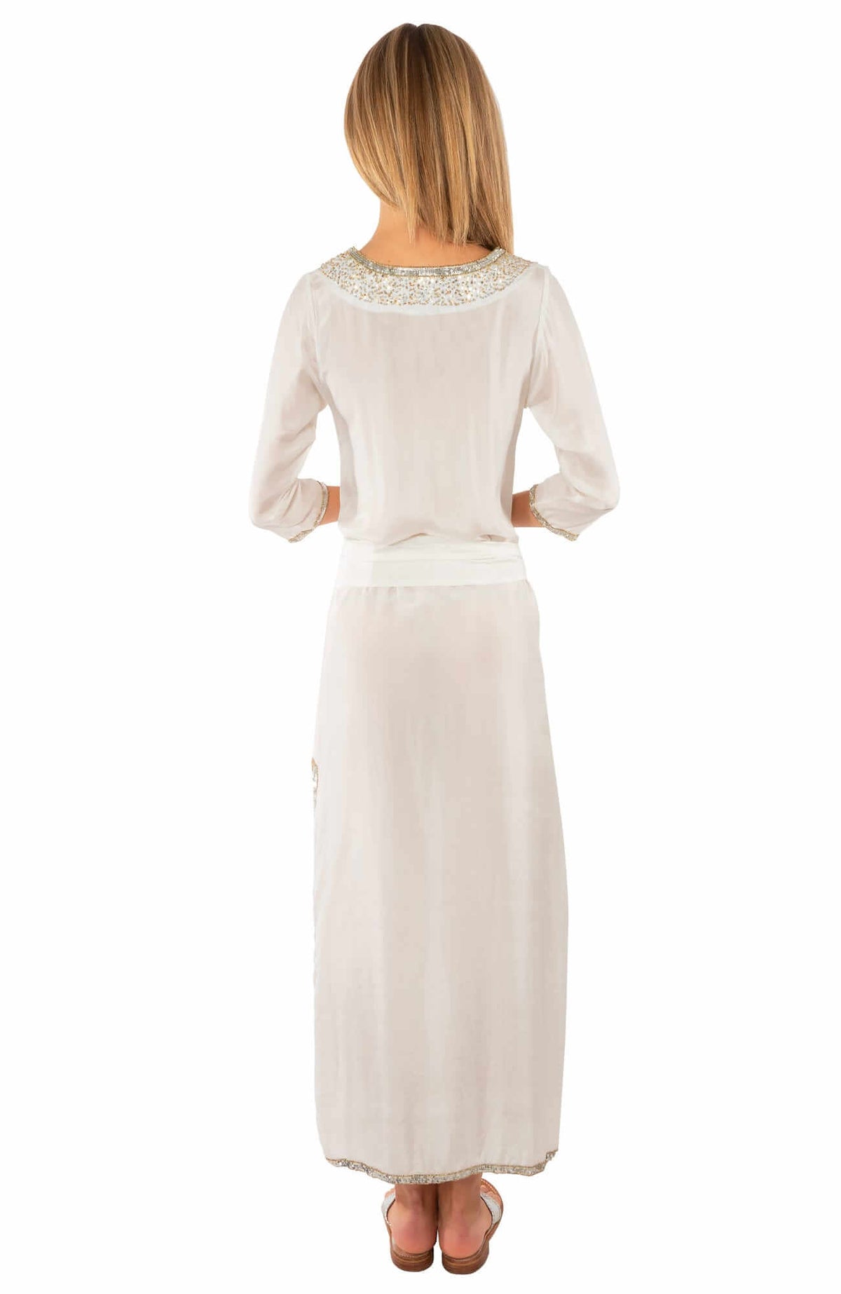 Silk Beaded Dress With Sash - Starry Night - Final Sale White Silver