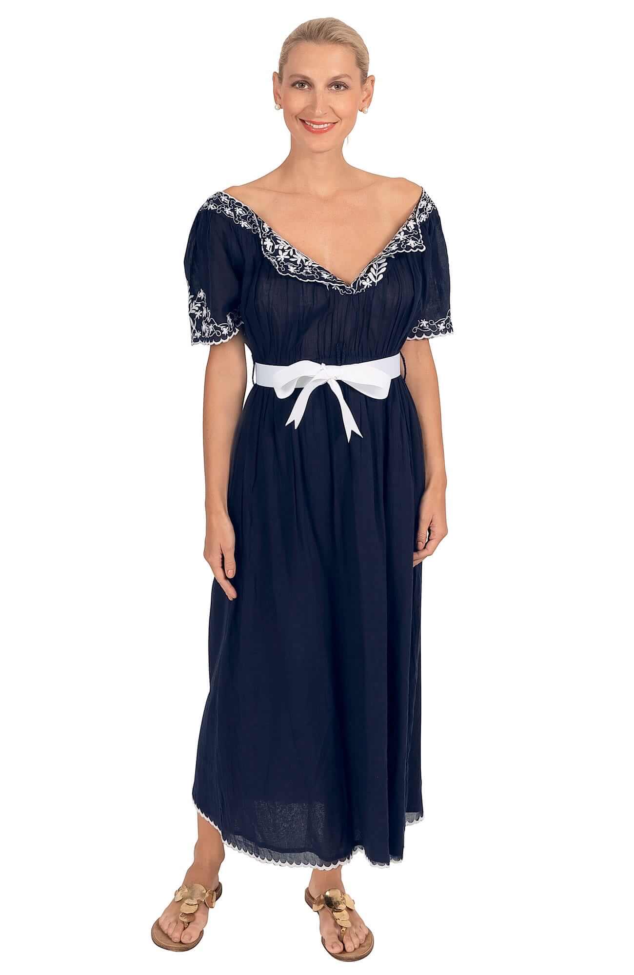 Cotton Embroidered Midi/Maxi Dress - Brideshead Navy White