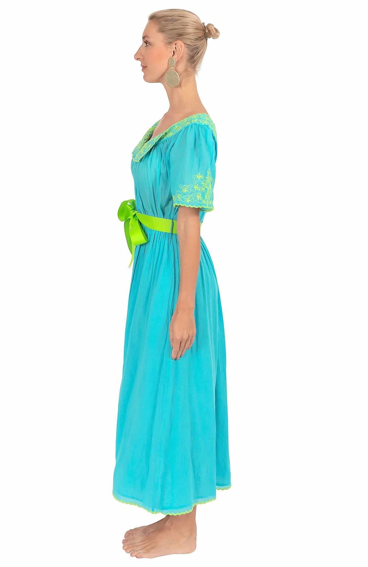 Cotton Embroidered Midi/Maxi Dress - Brideshead Turquoise Lime