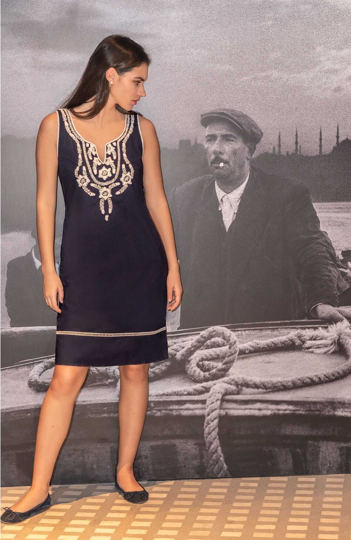 Hand Embroidered Simply Beautiful Dress - La Di Da - Final Sale Navy White