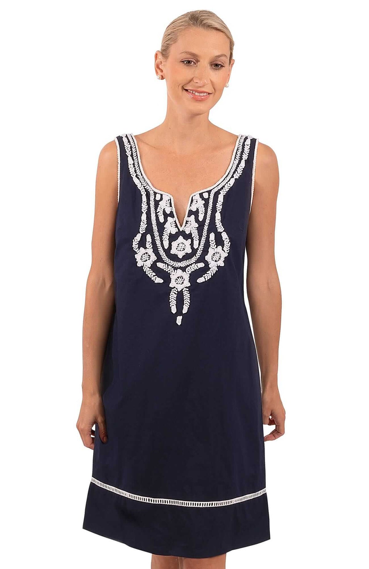 Hand Embroidered Simply Beautiful Dress - La Di Da - Final Sale Navy White