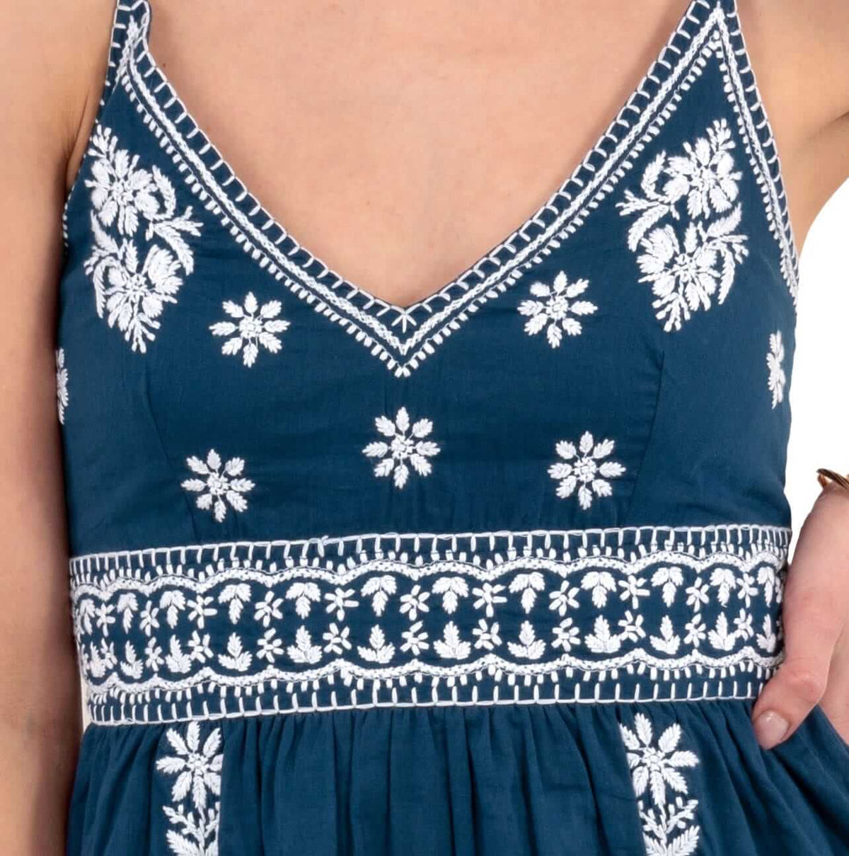 Hand Embroidered Midi Dress - Fiesta Time Navy White