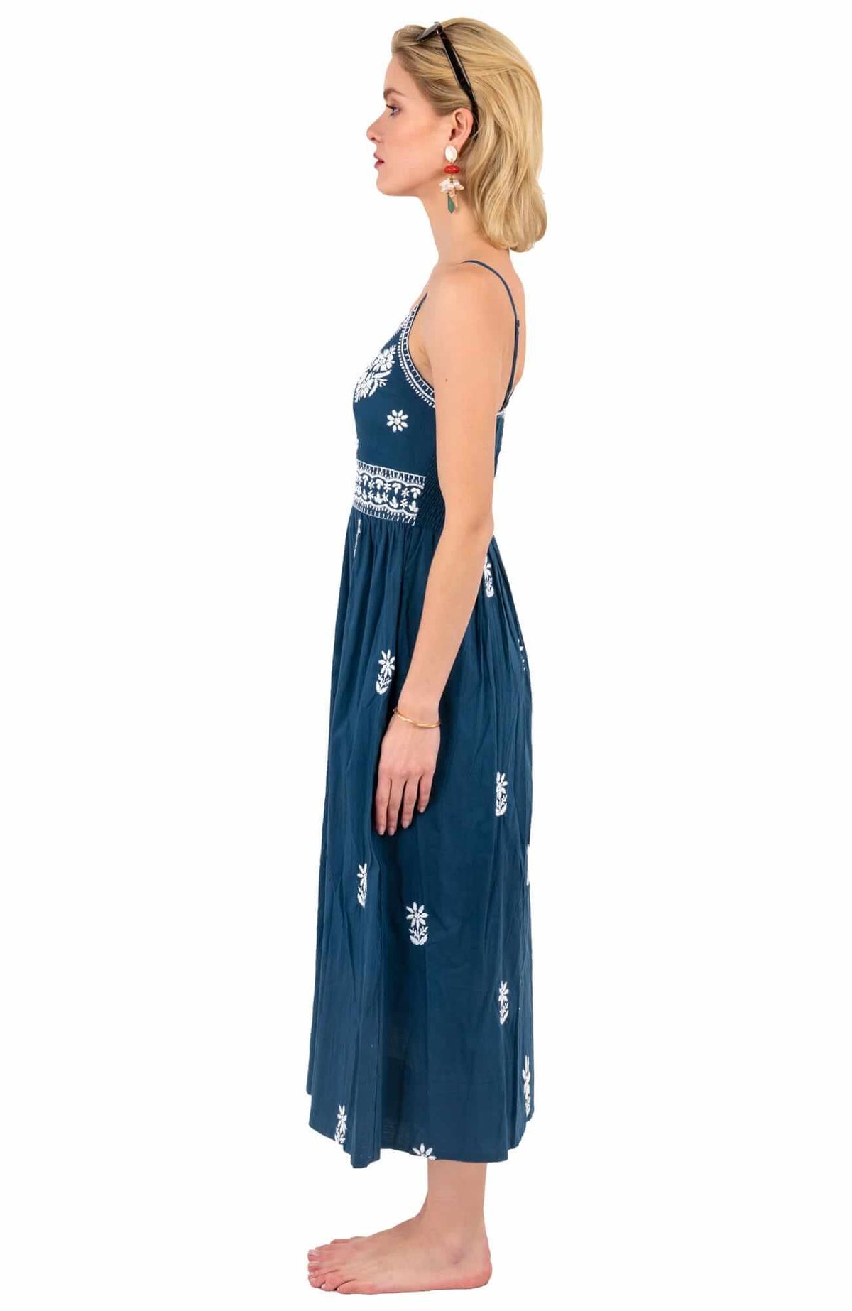 Hand Embroidered Midi Dress - Fiesta Time Navy White