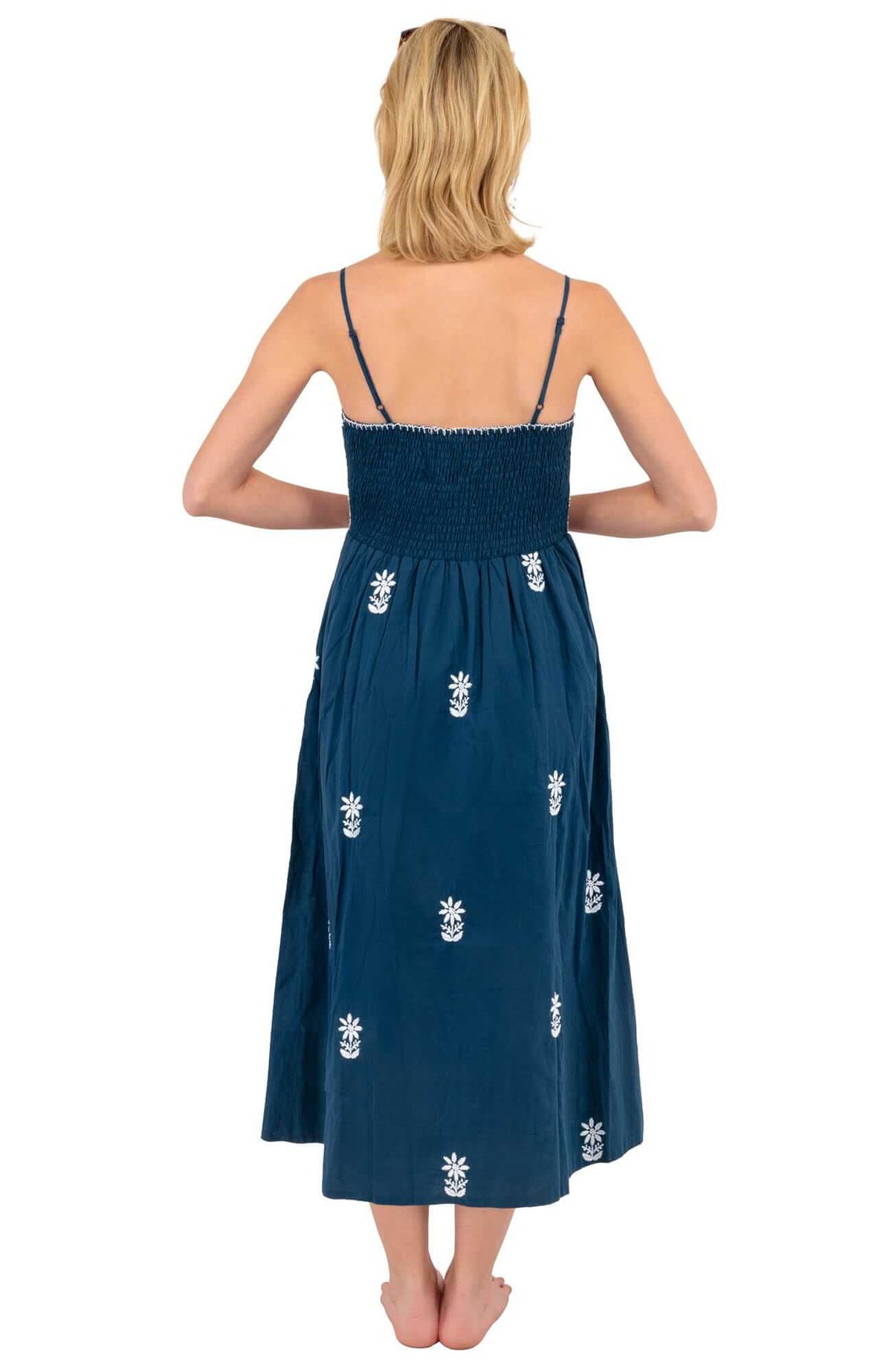 Hand Embroidered Midi Dress - Fiesta Time Navy White