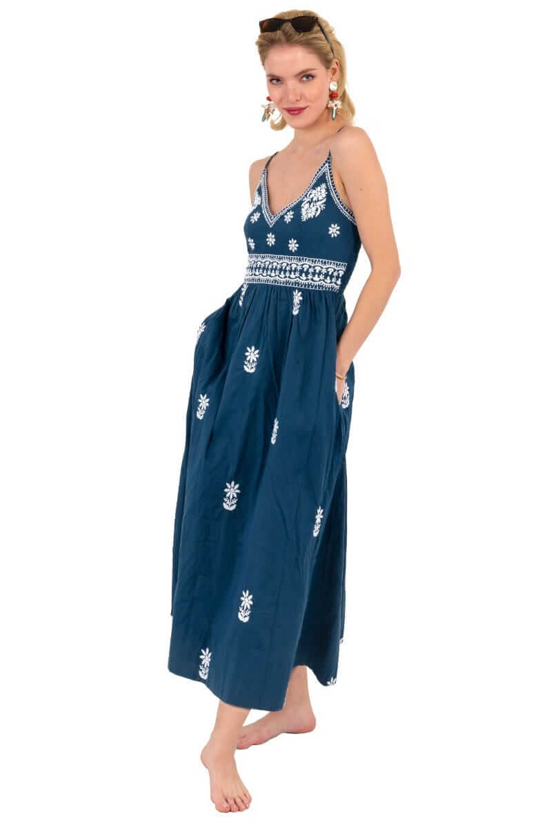 Hand Embroidered Midi Dress - Fiesta Time Navy White