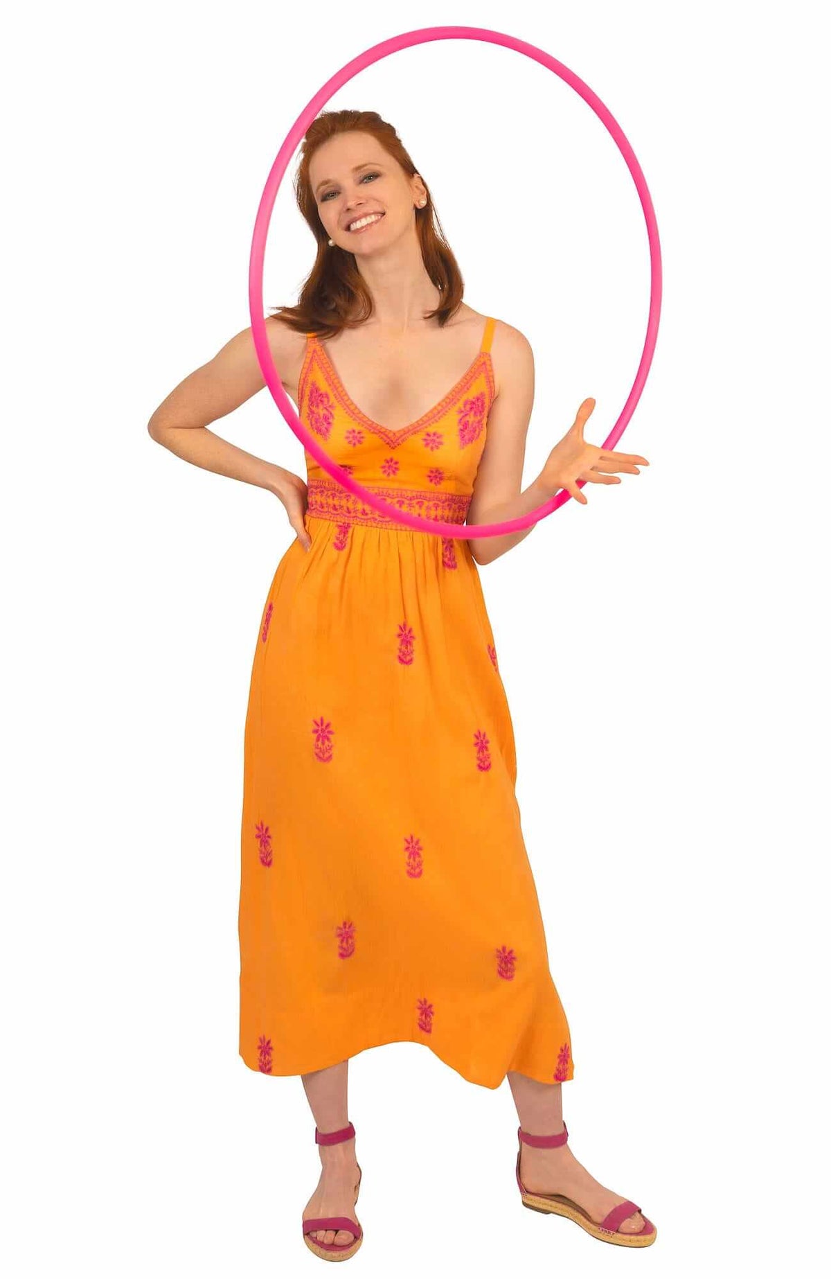 Hand Embroidered Midi Dress - Fiesta Time Orange Pink