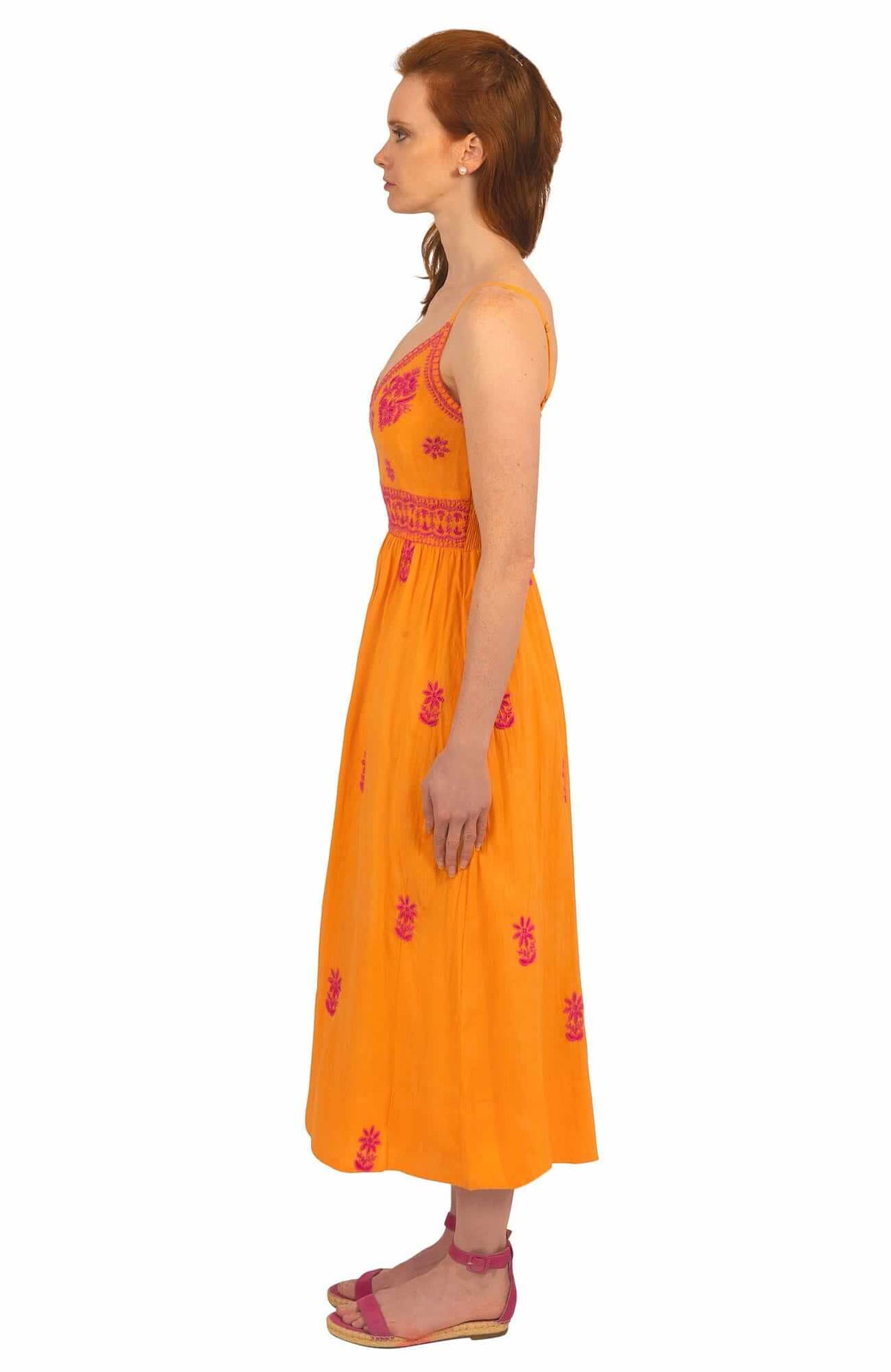 Hand Embroidered Midi Dress - Fiesta Time Orange Pink