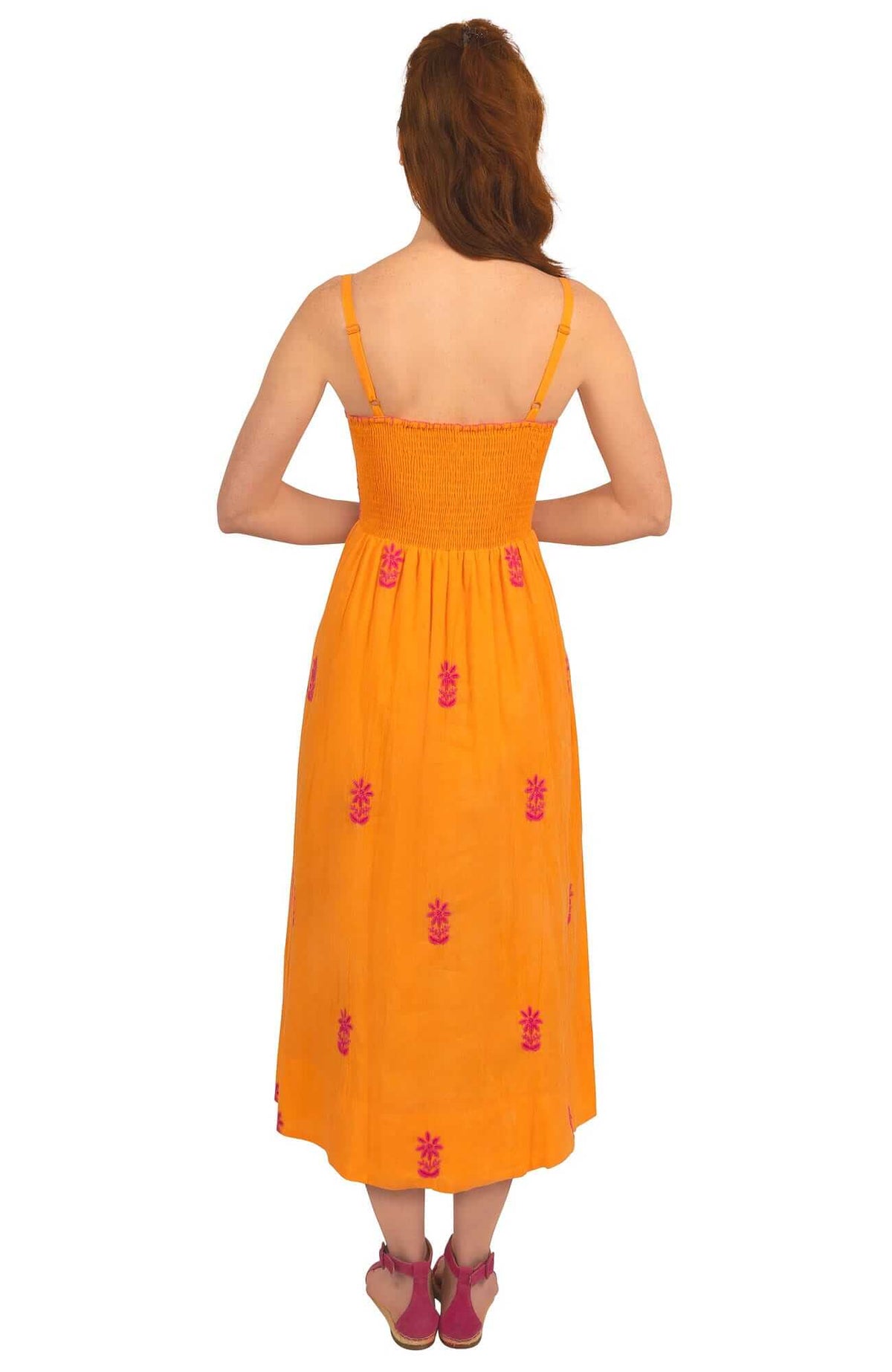 Hand Embroidered Midi Dress - Fiesta Time Orange Pink