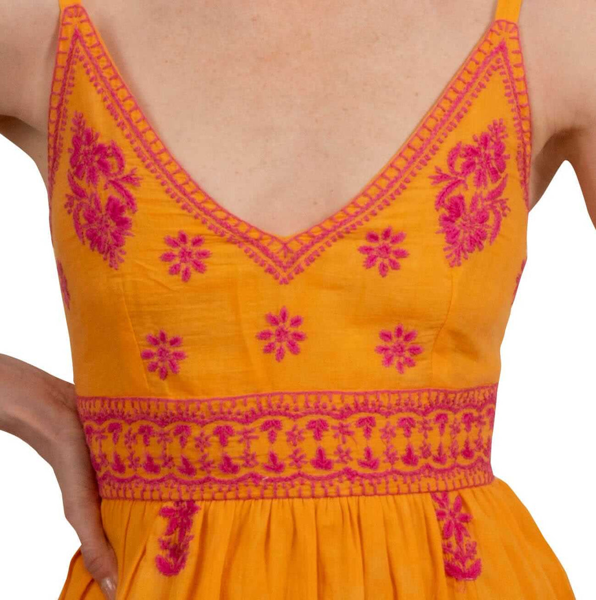 Hand Embroidered Midi Dress - Fiesta Time Orange Pink