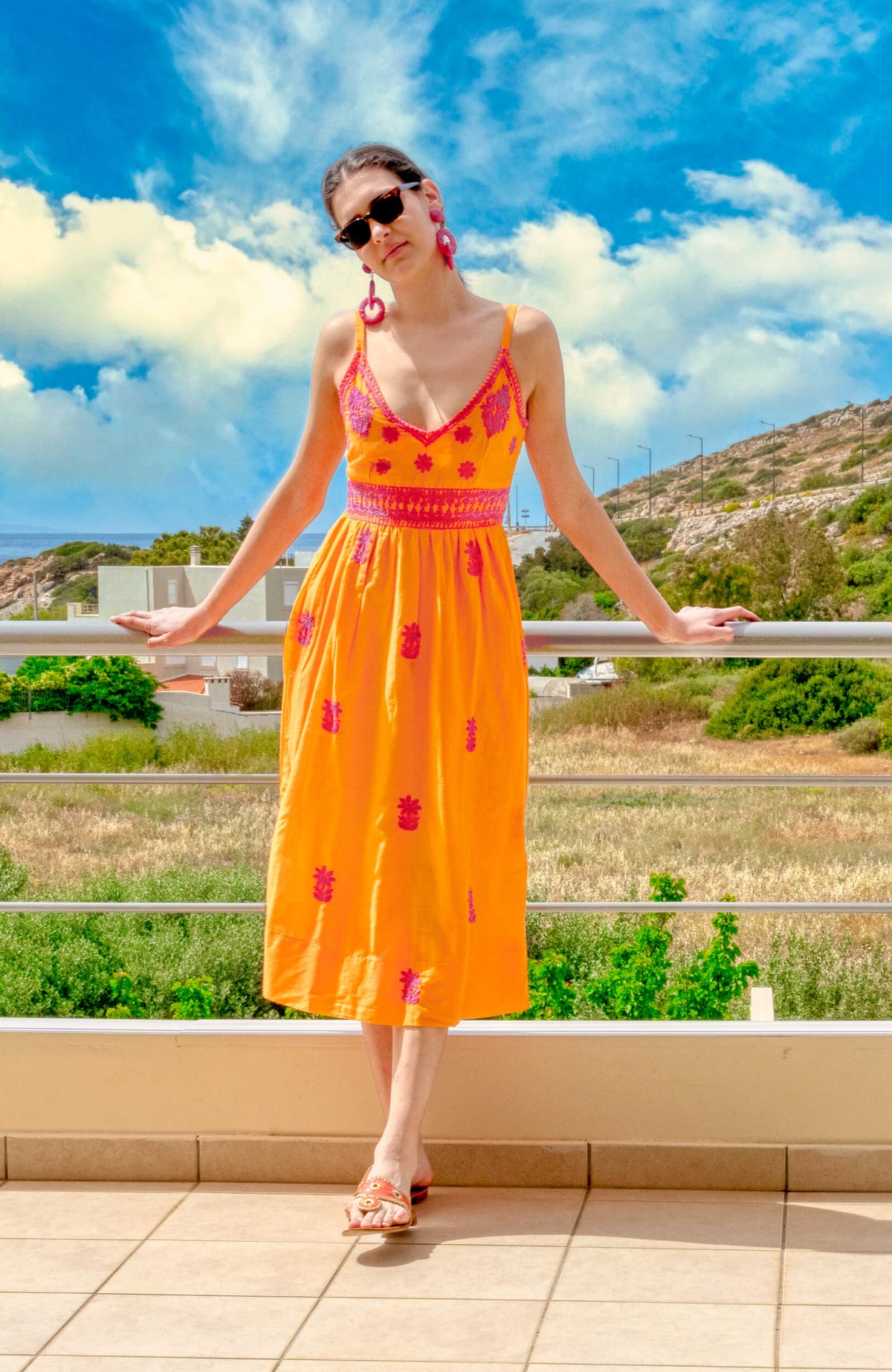 Hand Embroidered Midi Dress - Fiesta Time Orange Pink