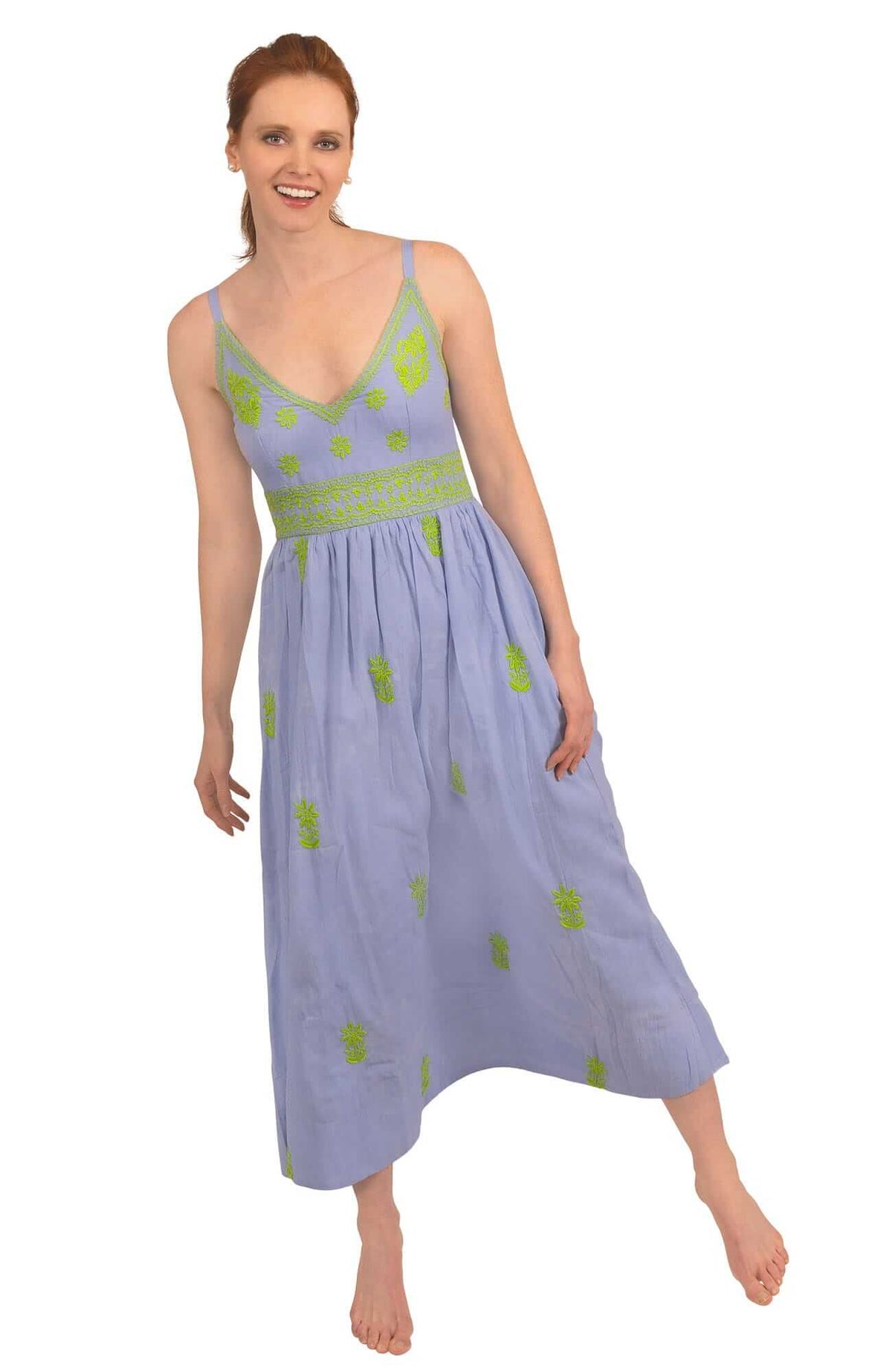 Hand Embroidered Midi Dress - Fiesta Time Periwinkle Lime