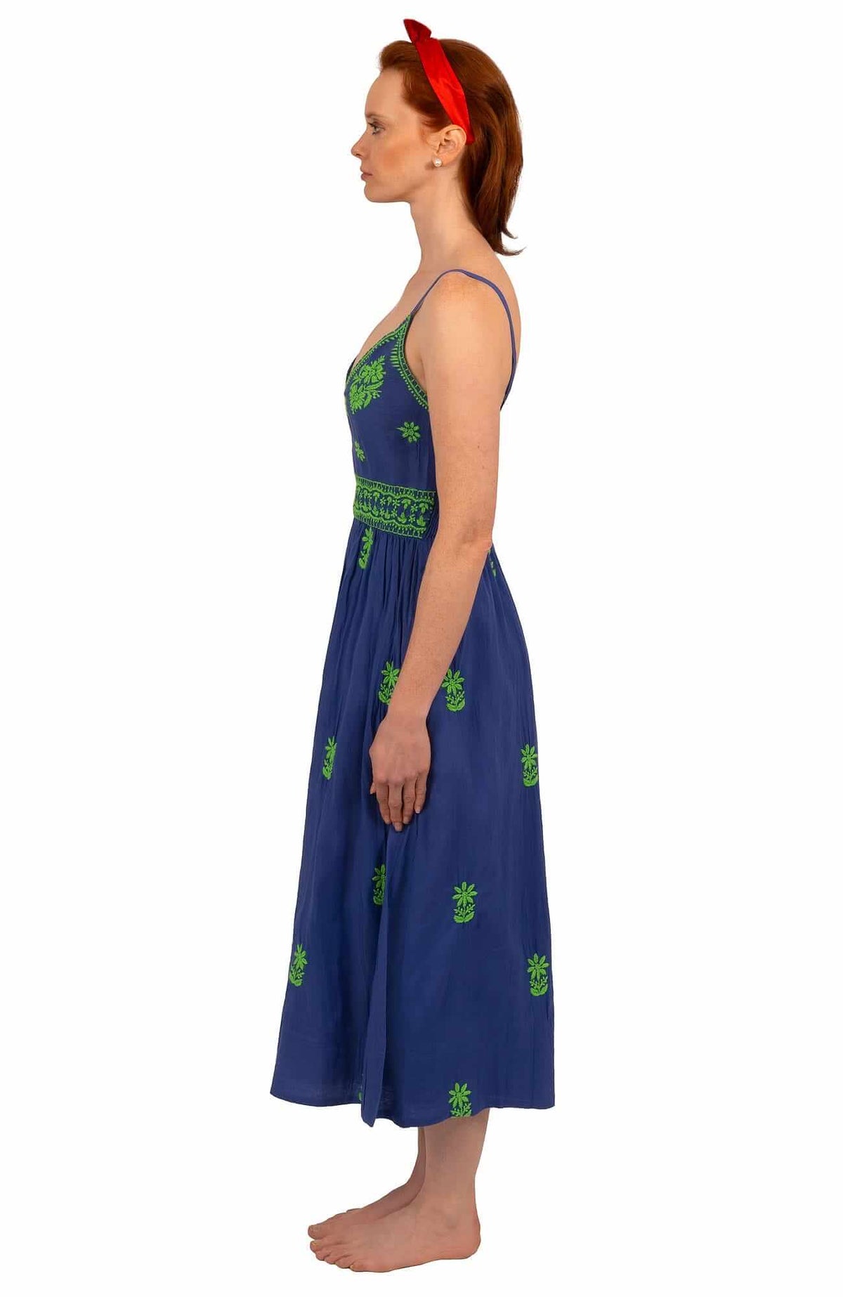 Hand Embroidered Midi Dress - Fiesta Time Royal Kelly