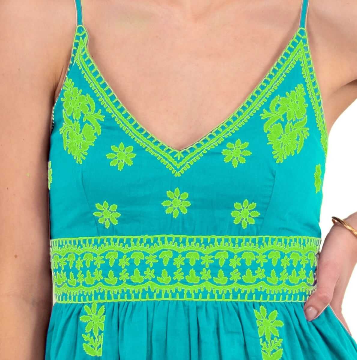 Hand Embroidered Midi Dress - Fiesta Time - Final Sale Turq Lime