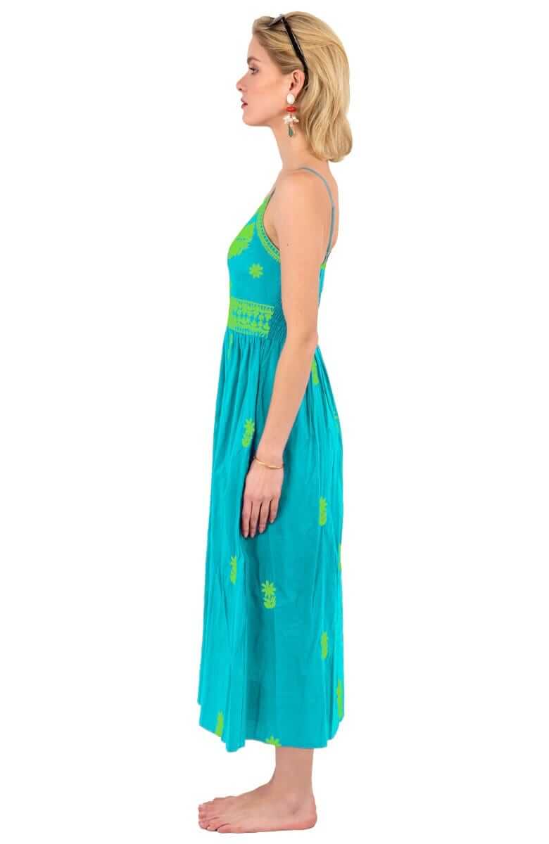 Hand Embroidered Midi Dress - Fiesta Time Turq Lime