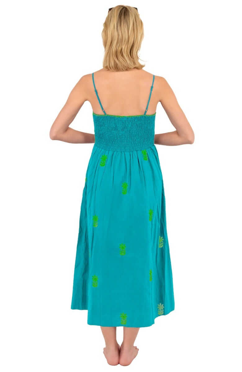 Hand Embroidered Midi Dress - Fiesta Time Turq Lime